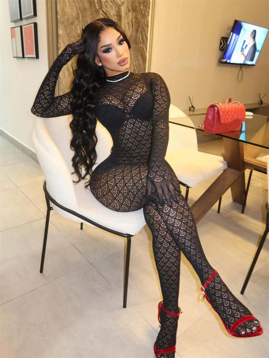 Coquette Backless Jumpsuit Women Sexy Jacquard See Through Turtleneck Full Sleeve Stretch Midnight Club Streewear