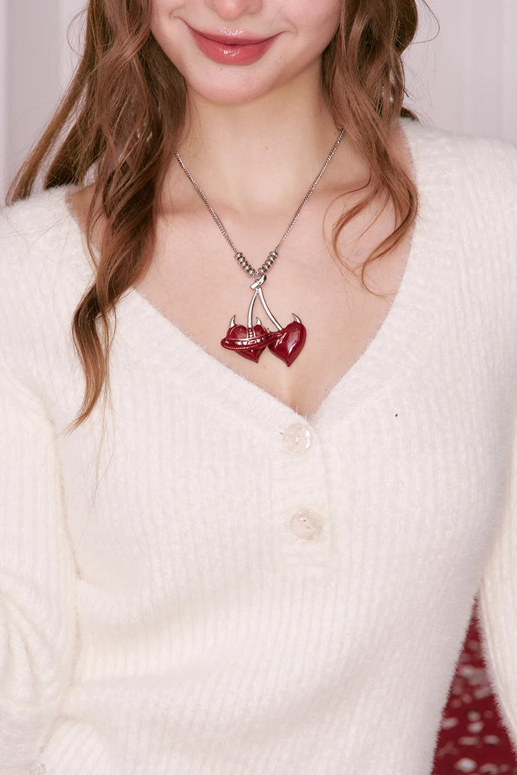 Y2K Design Cherry Pendant Little Devil Heart Necklace For Women