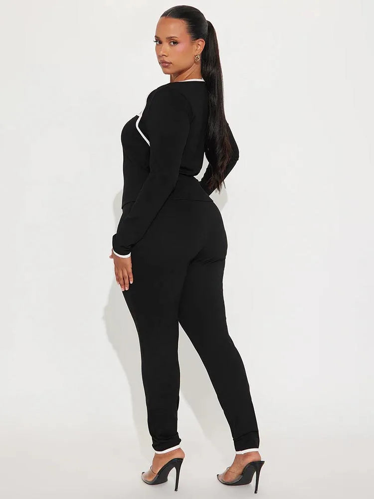 Casual Tracksuit 2-Piece Set Women White Edge Square Collar Crop Top+Leggings Fitness Stretch Slim Matching Outfits