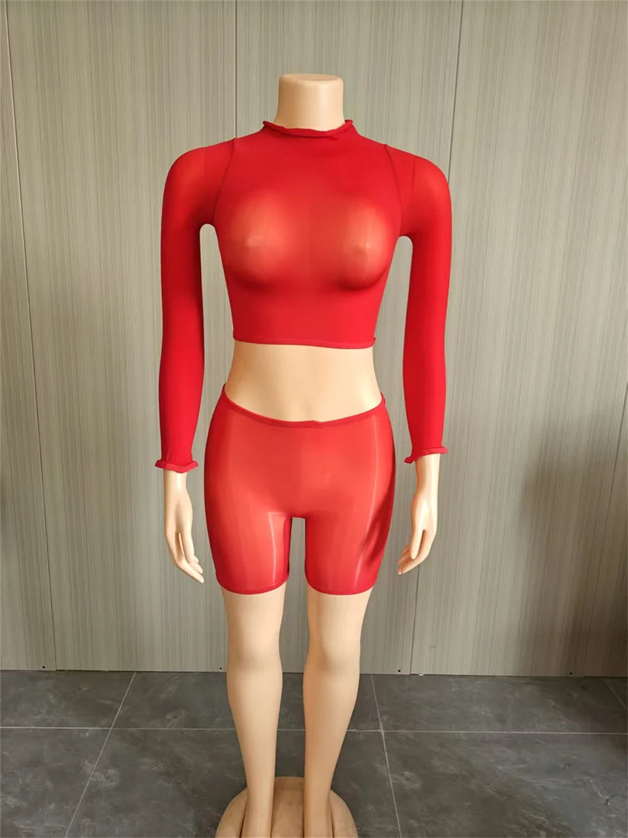 Wild See Through 2 Piece Set Women Sexy Turtleneck Full Sleeve Crop T-Shirt+Bike Shorts Midnight Street Club Suits