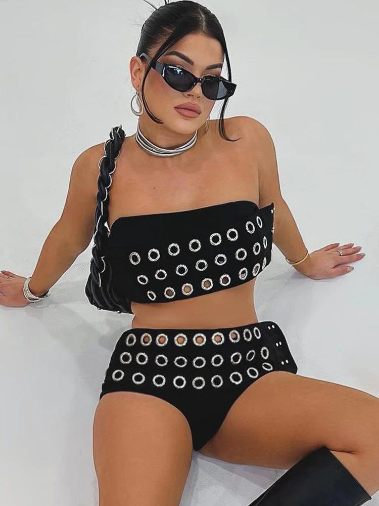 Hipster Sexy Hollow Metal Women 2 Piece Set Hipster Luxury Strapless Tops+Shorts Matching Streetwear Skinny Slim Outfits