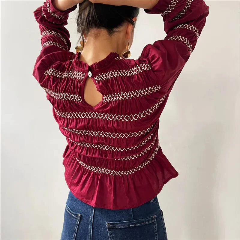 Women Smocked Ruffle Hem Blouses Pleated Patchwork Long Lantern Sleeve Ruched Shirts Y2k Vintage Going Out Babydoll Tops