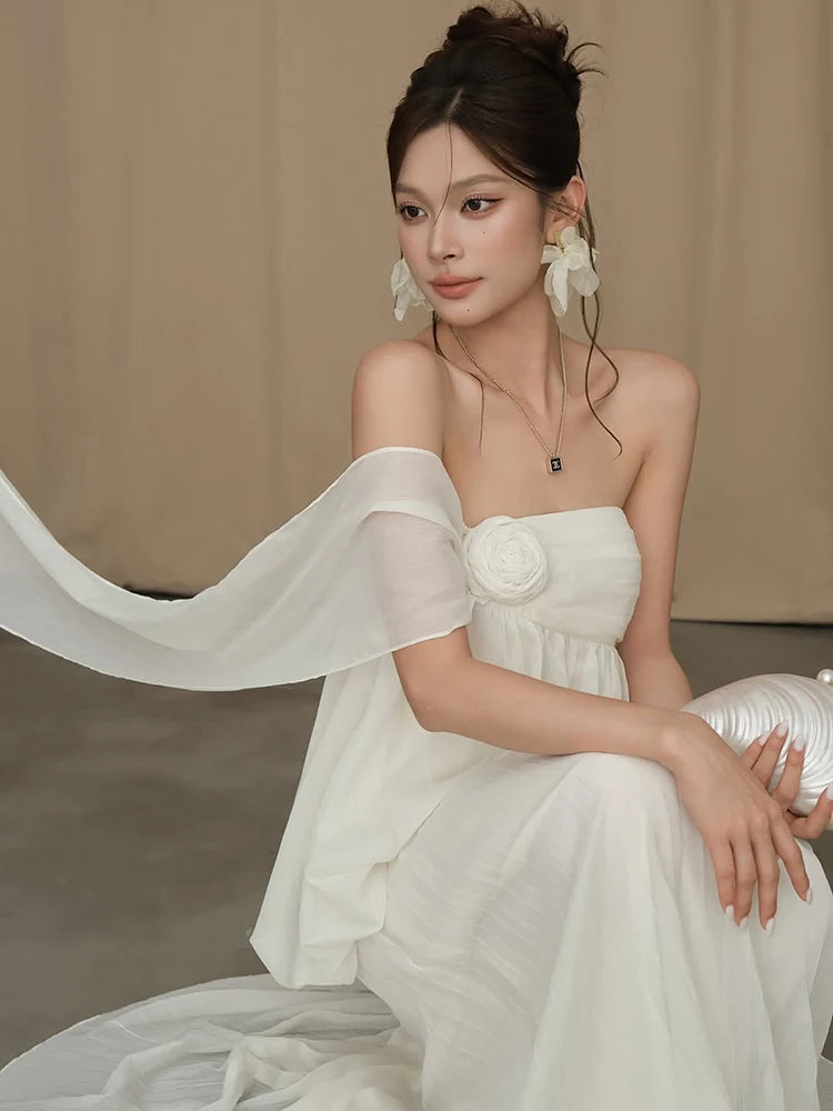 3d Flower Decoration Maxi Dress Women Mesh Tassel Chest Wrap Folds Solid Elegant Wedding Party Vacation Vestidos