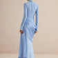 Women High Neck Long Sleeve Lace Sexy Maxi Dress Satin Drape Side Split Formal Evening Party Gown Wedding Guest Dress