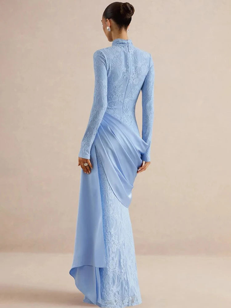 Women High Neck Long Sleeve Lace Sexy Maxi Dress Satin Drape Side Split Formal Evening Party Gown Wedding Guest Dress