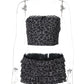 Leopard Print 2 Piece Set Women Sexy Mesh Patchwork Strapless Tops+Ruched Tierred Shorts  Hottie Street Hipster Suits