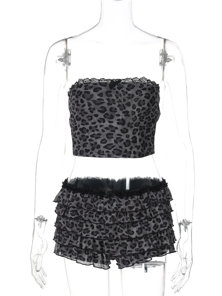 Leopard Print 2 Piece Set Women Sexy Mesh Patchwork Strapless Tops+Ruched Tierred Shorts  Hottie Street Hipster Suits