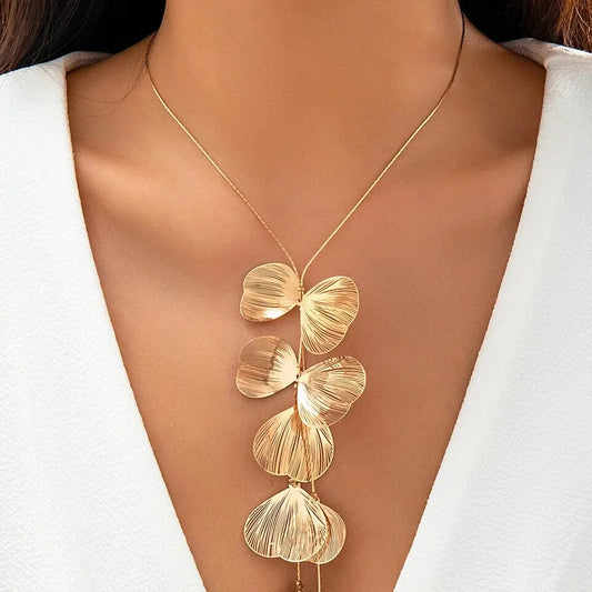 Vintage Gold Color Leaf Copper Wire Long Tassel Collar Chest Chain Necklace for Women Punk Party Choker Necklace Jewelry Gift