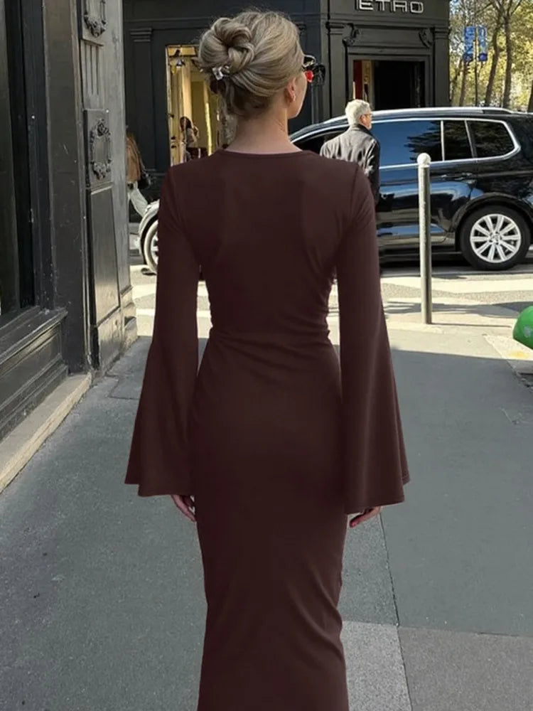 Long Sleeve Draped Ruched Sexy Maxi Dress Women Autumn Winter O Neck High Waist Bodycon Club Party Long Dress Elegant
