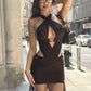 Backless Tassel Dress Women Leopard Print Sexy Cross Metal Rings Halter Pleated Waistless Midnight Club Party Bodycon