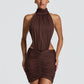 Halter High Neck Sexy Mini Dress Women Elegant Draped Ruched Waist Cutout Bodycon Cocktail Club Party Dress Fashion
