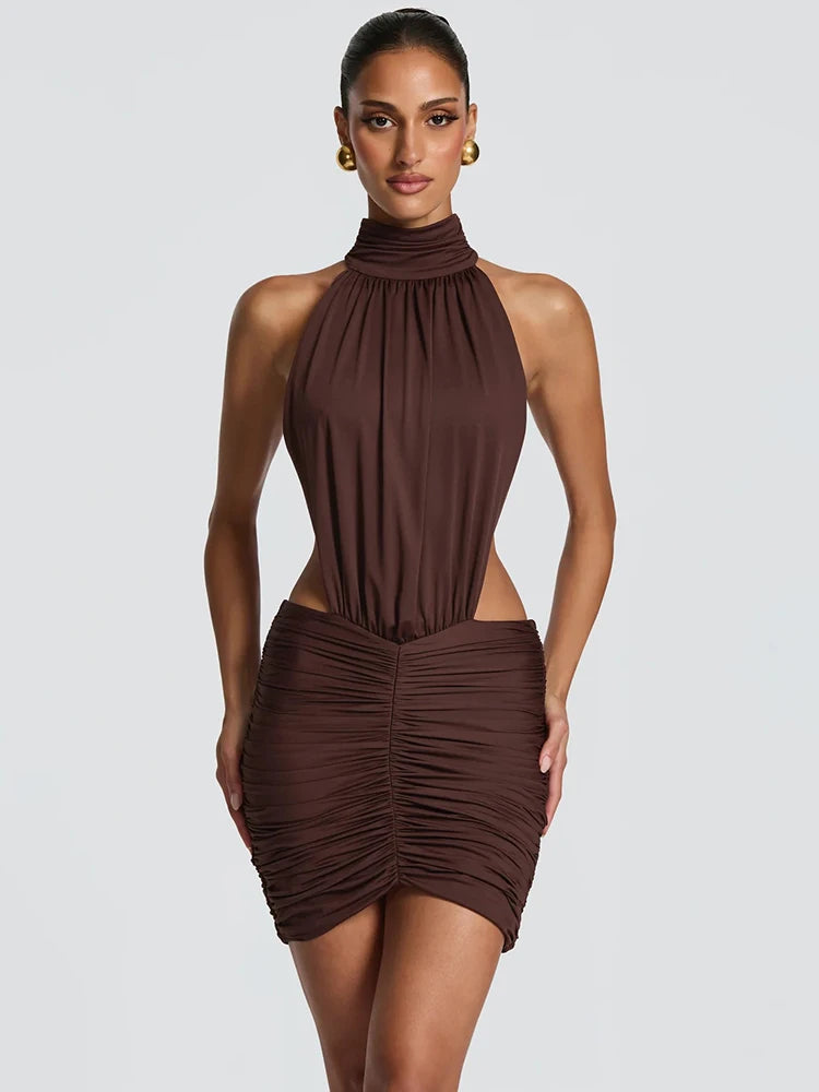 Halter High Neck Sexy Mini Dress Women Elegant Draped Ruched Waist Cutout Bodycon Cocktail Club Party Dress Fashion