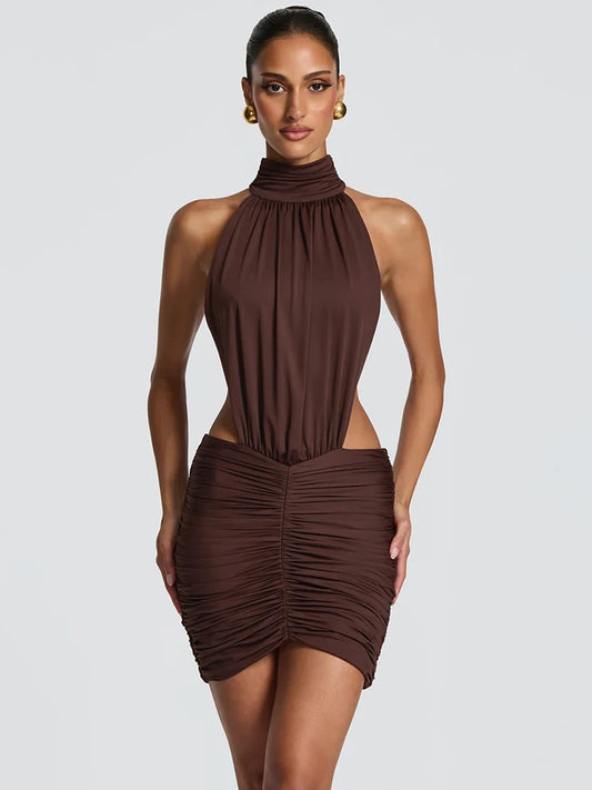 Halter High Neck Sexy Mini Dress Women Elegant Draped Ruched Waist Cutout Bodycon Cocktail Club Party Dress Fashion