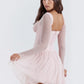 Lace Mesh Backless Sexy Mini Dress For Women Zipper Fishbone Square Collar Long Sleeve Ruched Club Party Dress New