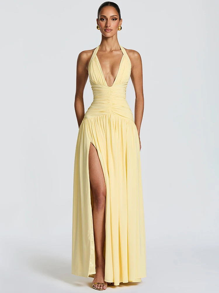 Halter Deep V Neck Sexy Maxi Dress Women Elegant Off-shoulder Sleeveless High Split Pleated Club Party Long Dress