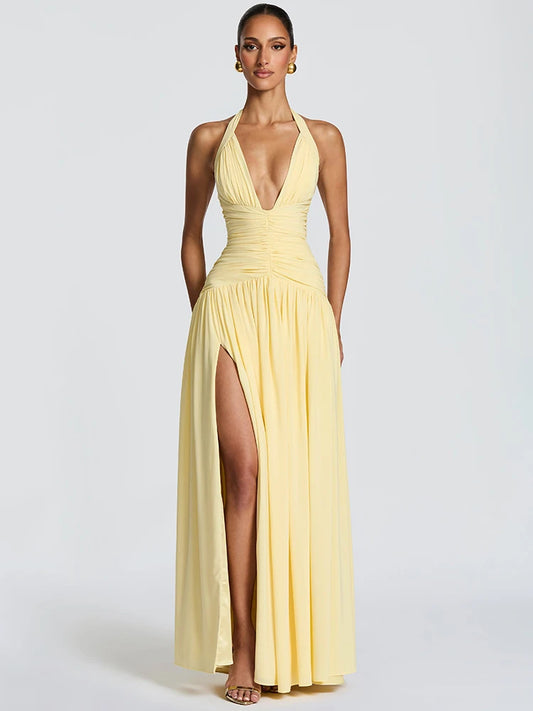 Halter Deep V Neck Sexy Maxi Dress Women Elegant Off-shoulder Sleeveless High Split Pleated Club Party Long Dress