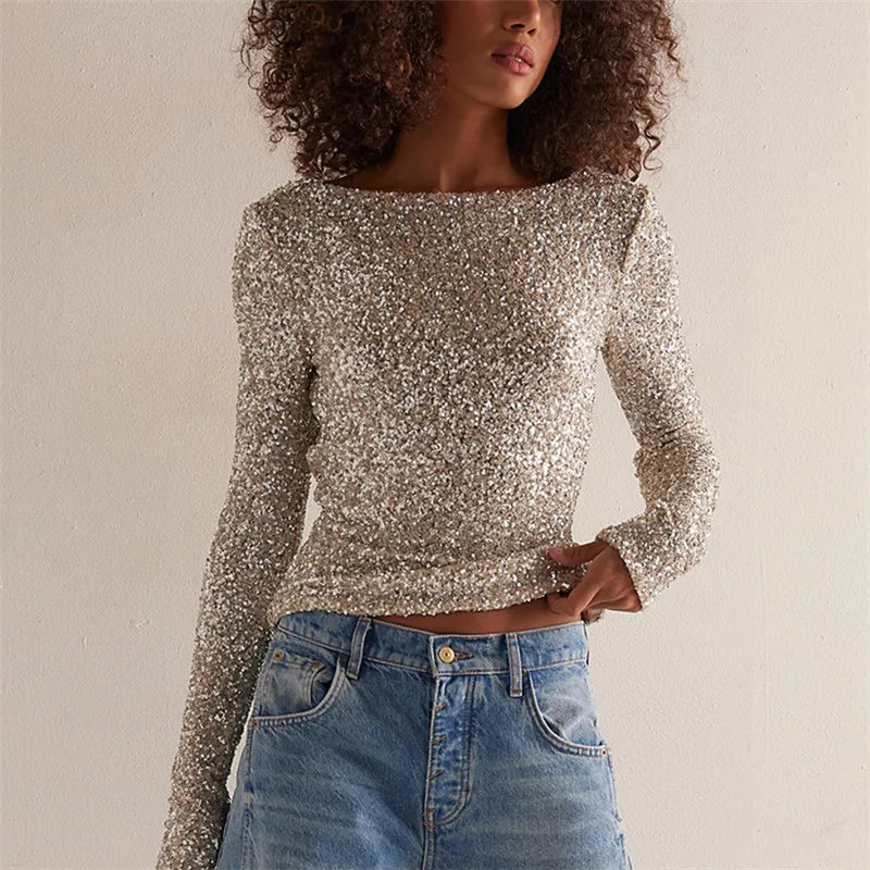 Backless Draped Cowl Neck Sparkly Shirt Women Long Sleeve Y2k Shiny Sequin Slim Crop Top Club Party Night Glitter Tee