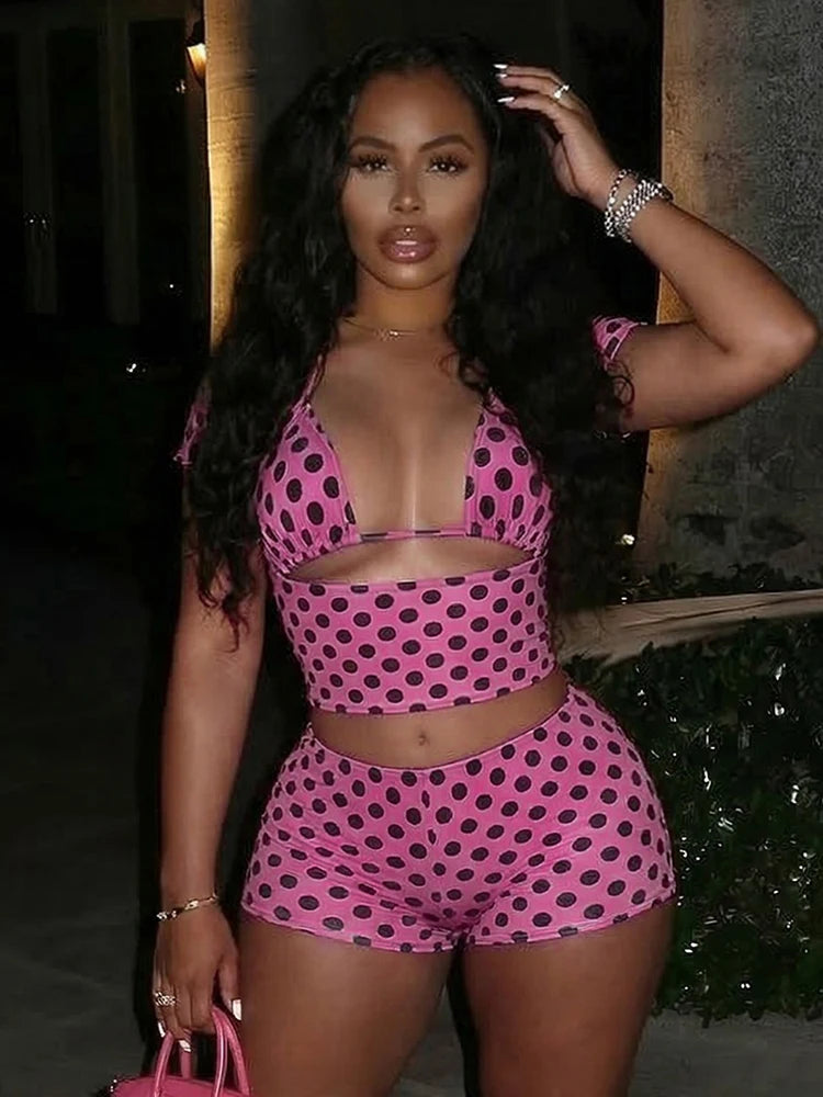 Sexy Fashion Print 3 Piece Sets Women Summer Trend Halter Bra Tops+Short Sleeve Crop Tops+Skinny Shorts Hipster Suits