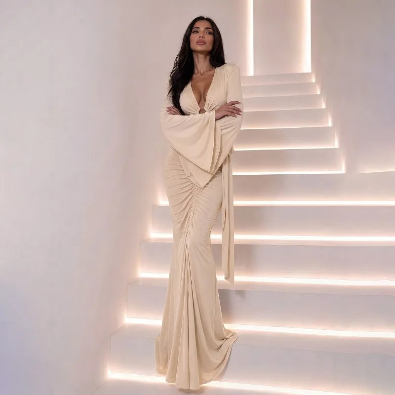 Two Pieces Set for Woman Party Outfits Elegant Long Sleeve Crop Top and Ruched High-waist Maxi Skirt Sets