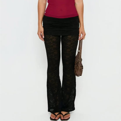 Women's Lace Flare Pants Fold Over Waistband Partial Lining Sheer Floral Bell Bottoms Fashion Vintage Streetwear