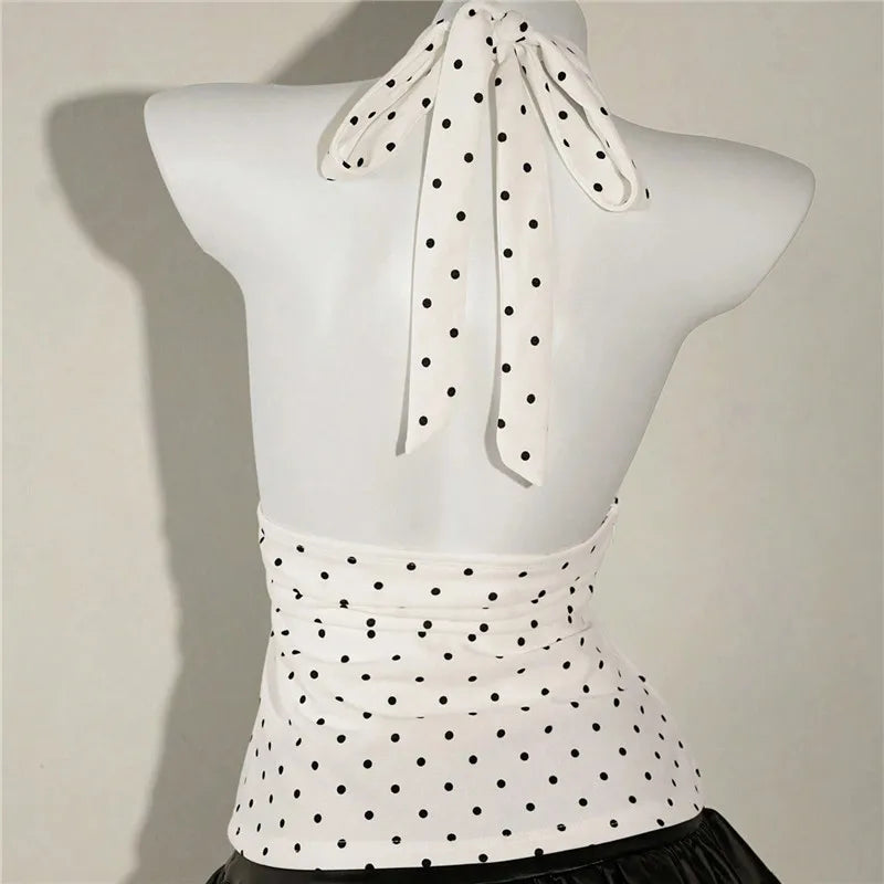 Ladies Vintage Polka Dot Halter Neck Top Deep V Tie Back Sleeveless Ruched Waist Peplum Tank Top For Y2K Streetwear