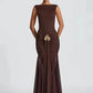 Metal Flower Backless Ruched Sexy Maxi Dress Women Gown Fashion Sleeveless Backless Bodycon Club Party Dress Elegant