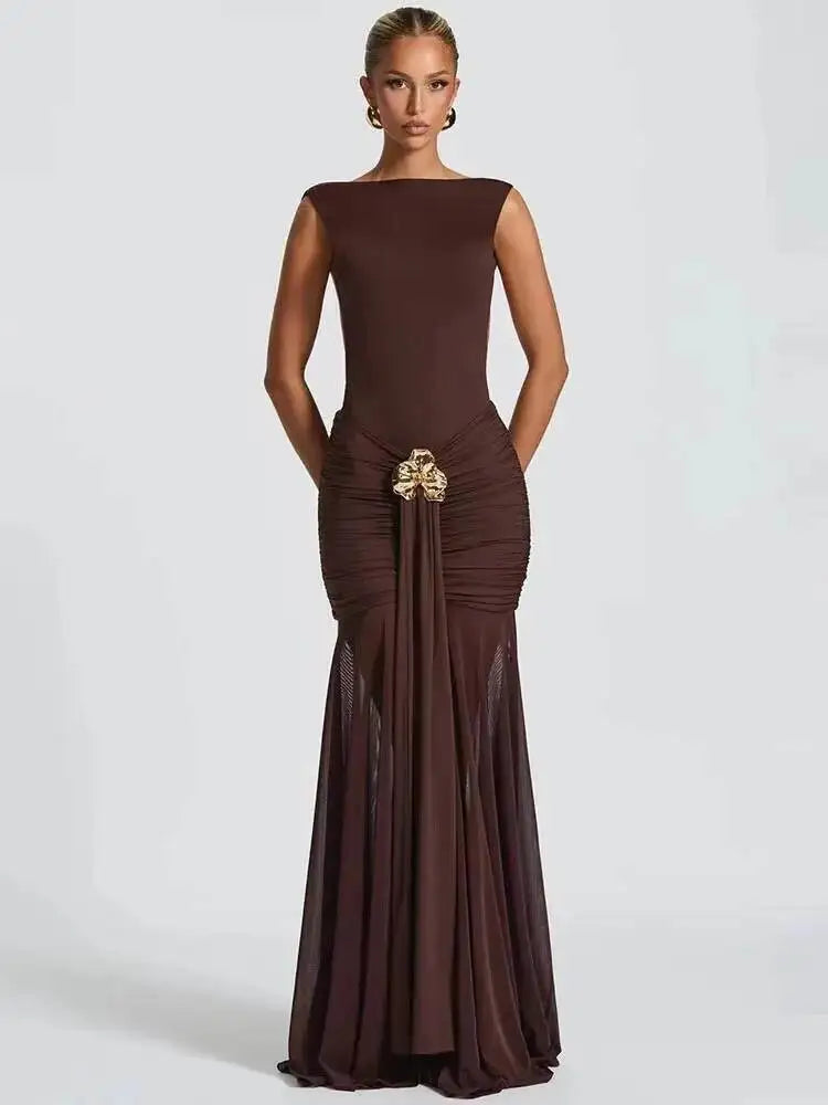 Metal Flower Backless Ruched Sexy Maxi Dress Women Gown Fashion Sleeveless Backless Bodycon Club Party Dress Elegant