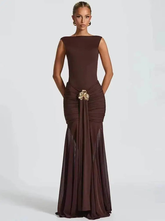 Metal Flower Backless Ruched Sexy Maxi Dress Women Gown Fashion Sleeveless Backless Bodycon Club Party Dress Elegant