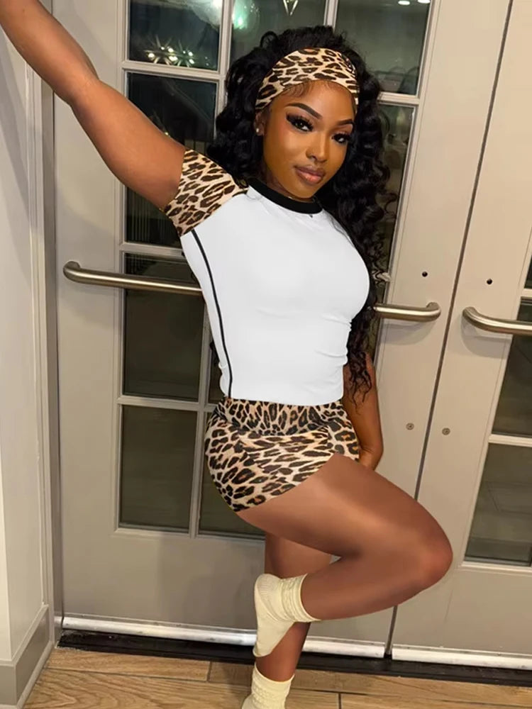 Casual Simple 3 Piece Set Women Solid Headbands+Patchwork Crop Tops+Skinny Shorts Matching Daily Fashion Sporty Suit