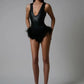 Faux Fur Trim PU Leather Shorts Jumpsuit Deep V Neck Sleeveless Backless Romper Sexy Onesie Woman Club Outfit