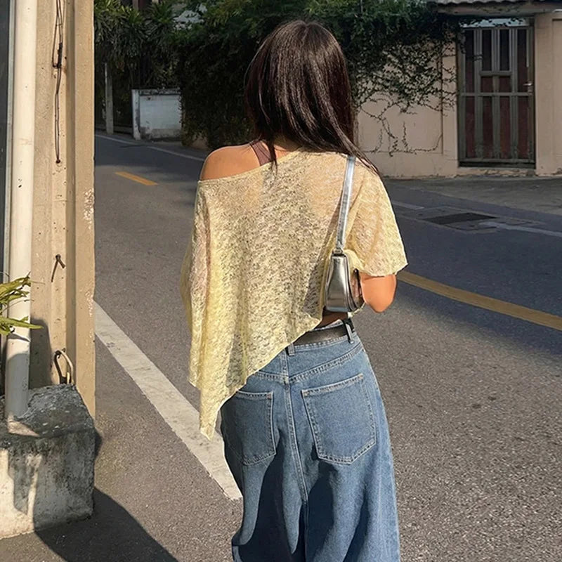 Casual Knit Sheer Poncho Asymmetrical One Shoulder Cover Up Summer Tops Women T Shirts