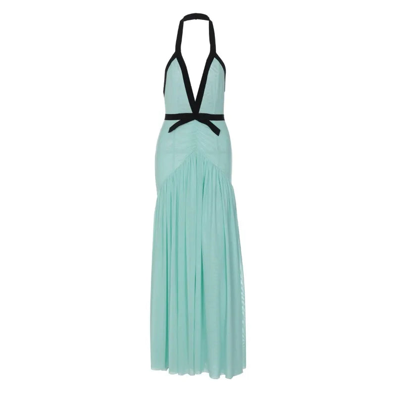 Mint Green Mesh Flowy Maxi Dress Woman Elegant Sexy Bow Deep V Neck Backless Long Dresses
