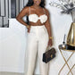 Vacation Beach Style 2 Piece Set Women Ruched Flower Bra Tops+Button Waist Straight Pants Fashion Sexy Trend Outfits