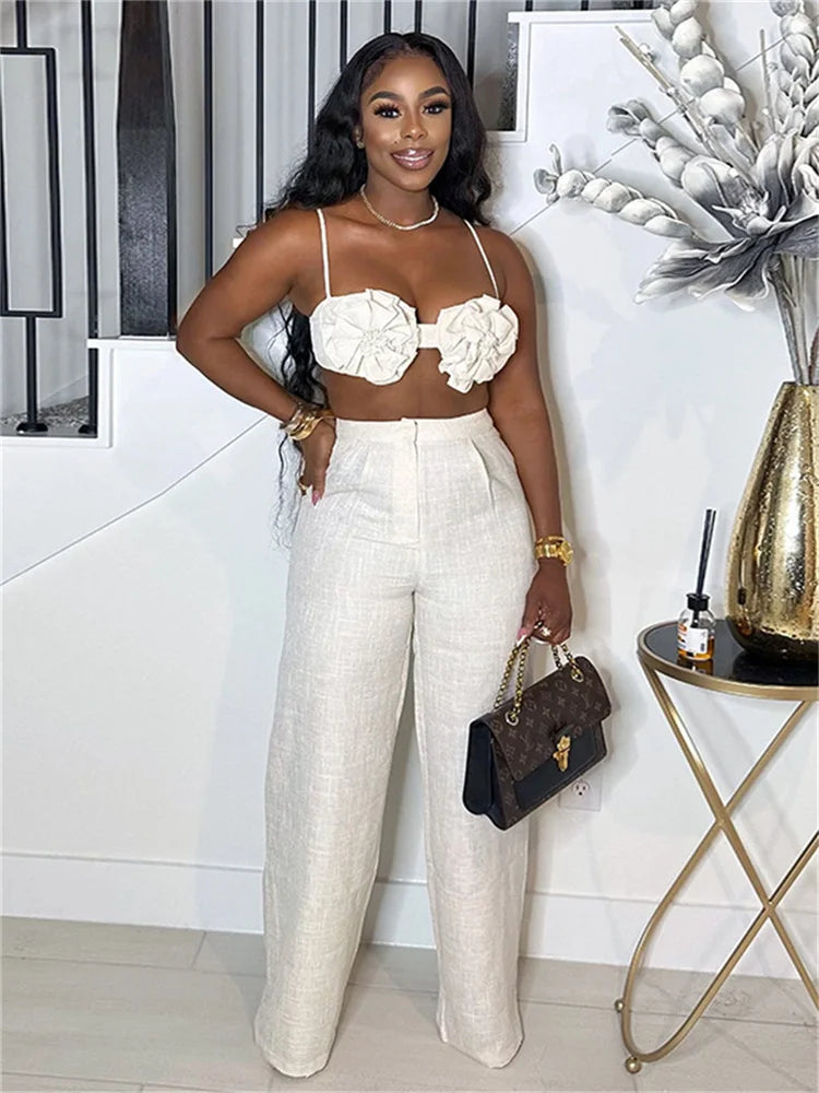 Vacation Beach Style 2 Piece Set Women Ruched Flower Bra Tops+Button Waist Straight Pants Fashion Sexy Trend Outfits