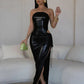 Silk Summer 2 Piece Set Women Strapless Bodysuit+Irregular Side Split Shirring Skirts Midnigh Clubwear Matching Suits