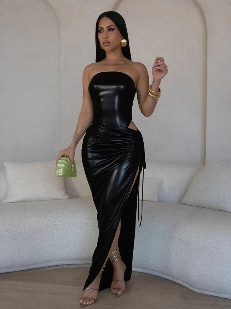 Silk Summer 2 Piece Set Women Strapless Bodysuit+Irregular Side Split Shirring Skirts Midnigh Clubwear Matching Suits