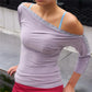 Women Retro Y2K Off Shoulder 3/4 Sleeve Top Asymmetric Neckline with Eyelet Details Fitted Casual Blouse Trendy Outfits