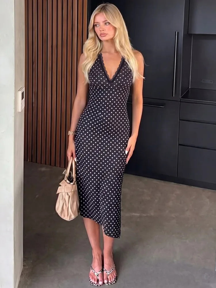 Polka Dot Halter Sexy Midi Dress Women Elegant Lace Trim Deep V Neck Backless Bodycon Cocktail Club Party Dress 2026