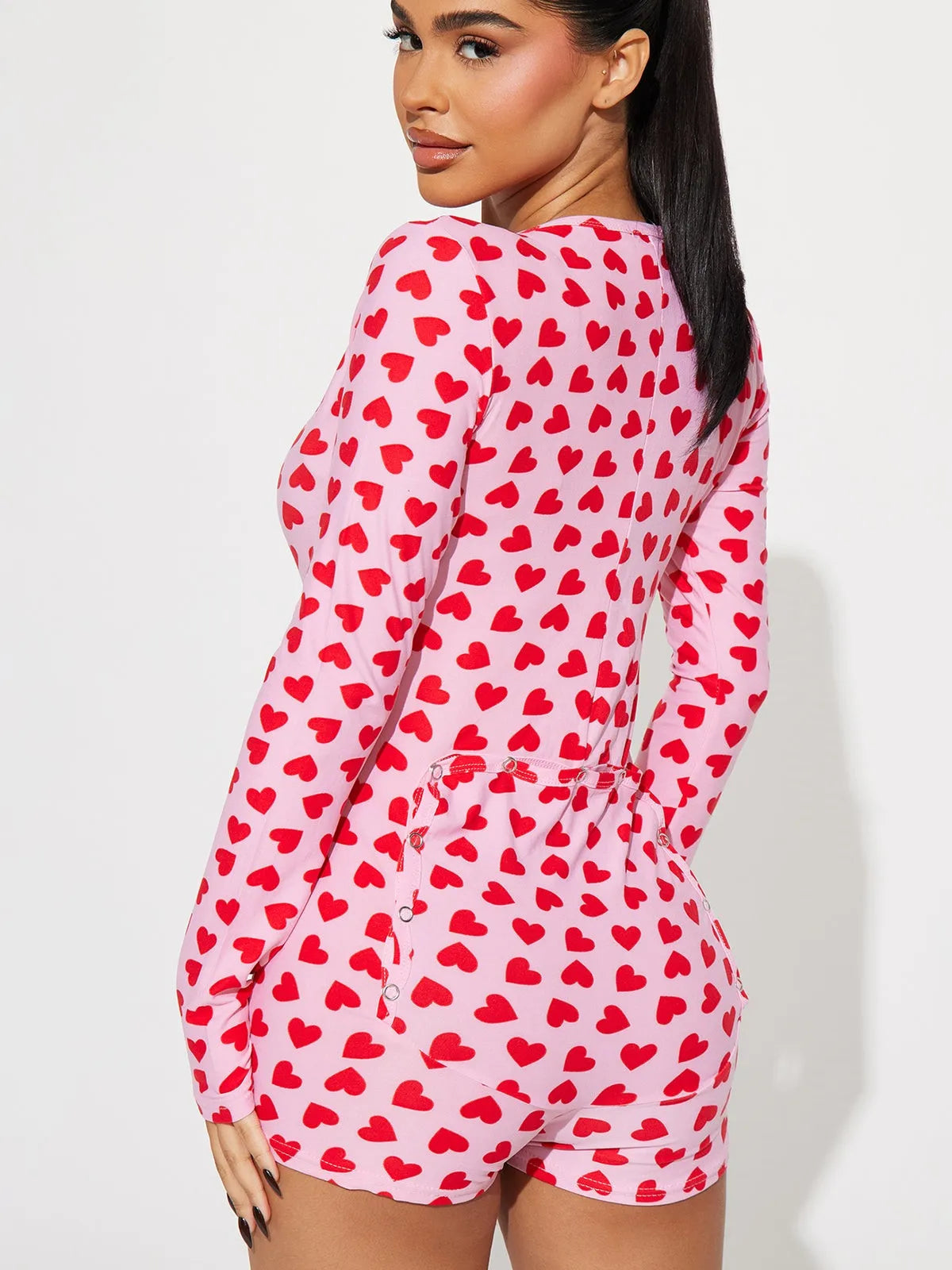 Women Valentines Day Jumpsuit Pajama Romantic Heart Print Long Sleeve V Neck Button Front Shorts Romper Fitted Sleepwear