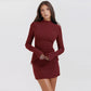 Dark Blue Two Pocket Sexy Mini Dress For Women 2023 Autumn Winter New Long Sleeve Bodycon Club Party Dress Elegant