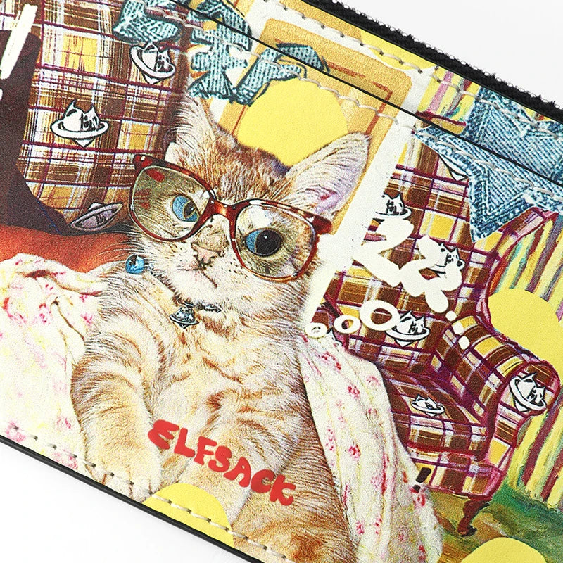 Cute Cat Print Card Holder, Mini Zipper Coin Purse with Lanyard, Casual Small Wallet for Women