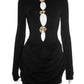 Hollow Out Long Sleeve Sexy Mini Dress Women Autumn Winter Button O Neck High Waist Ruched  Club Party Dresses Elegant