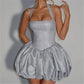 Women's Summer Halter Neck Tulle Mini Dress Glitter Sleeveless Open Back Cross Bandage Puffy Hem Cocktail Dress