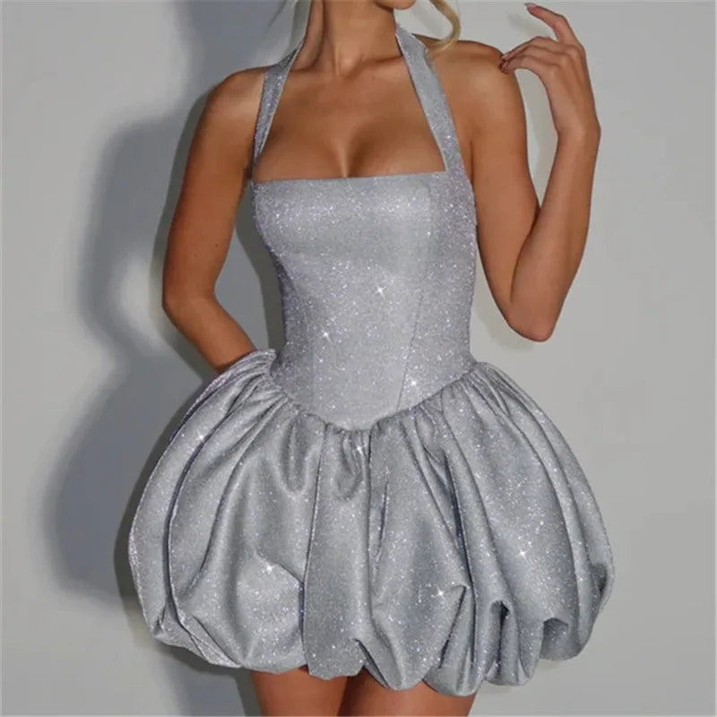 Women's Summer Halter Neck Tulle Mini Dress Glitter Sleeveless Open Back Cross Bandage Puffy Hem Cocktail Dress