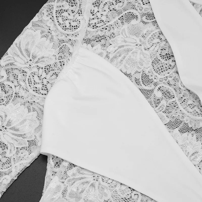 Turtleneck Lace Splicing Long Sleeve Mini Dress Fashion Sexy See Through White Bodycon Dresses Woman