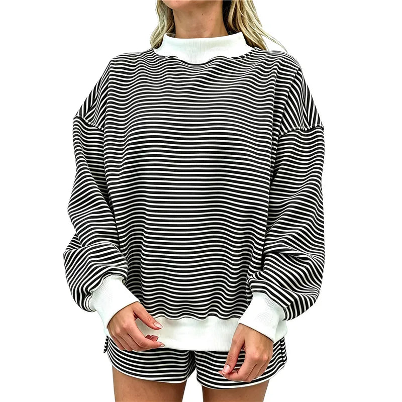 Women Mock Neck Striped Loungewear Two Piece Set Oversized Long Sleeve Sweatshirt And Shorts Casual Pajama Outfit