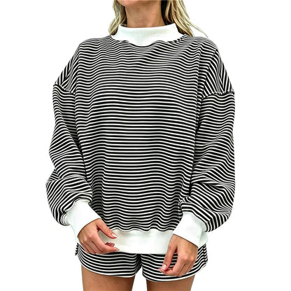 Women Mock Neck Striped Loungewear Two Piece Set Oversized Long Sleeve Sweatshirt And Shorts Casual Pajama Outfit