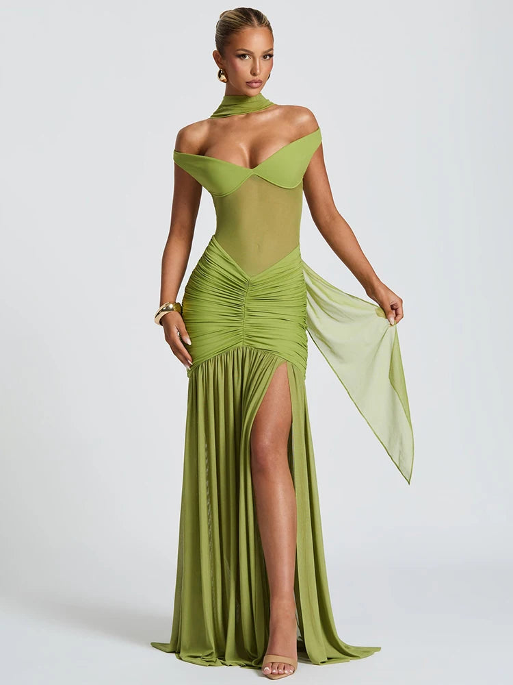 Off-shoulder Backless Sexy Maxi Dress Women Gown Halter Sleeveless Backless Thigh High Split Club Party Long Dress