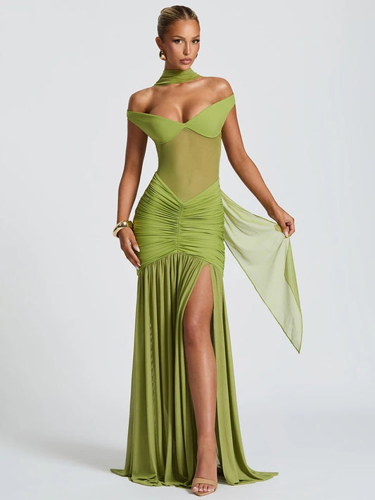 Off-shoulder Backless Sexy Maxi Dress Women Gown Halter Sleeveless Backless Thigh High Split Club Party Long Dress