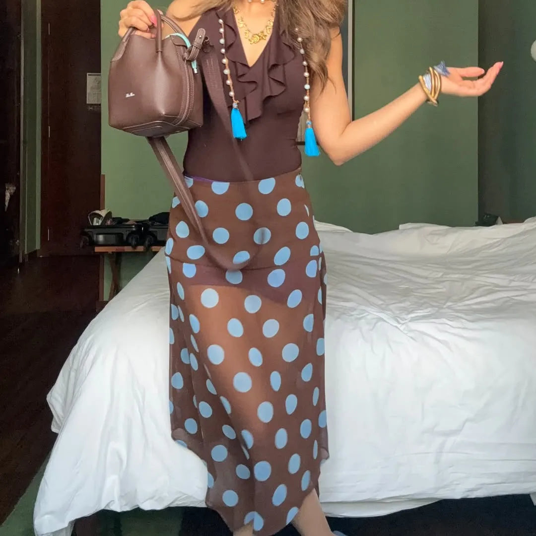 Elegant Blue Polka Dot Skirt Women's Asymmetrical Chiffon Midi Skirt Y2K Summer Fashion Holiday Party Casual Lady Skirt